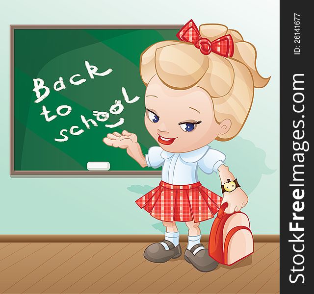 Standing cute little girl with rucksack in one hand, other hand is showing lettering Back to school on the class board, Girl and background are placed in differend group