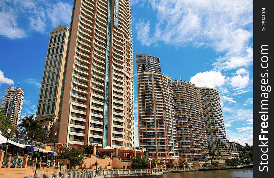 Apartment buildings on Brisbane River bank northside. Apartment buildings on Brisbane River bank northside