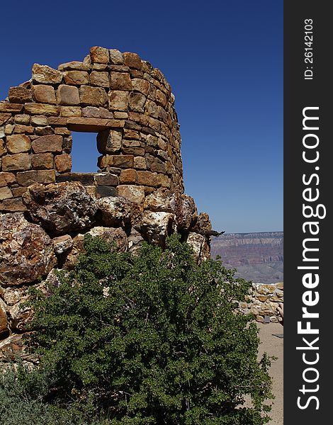 Ruins of a stone building at the Desert View Watchtower designed by Mary Elizabeth Jane Colter in the Grand Canyon National Park, Arizona, USA