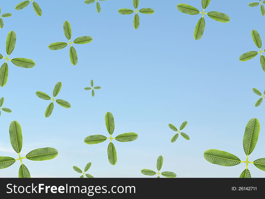 Leaf in plus sign various size random twist in clear blue sky represent to add more green to the earth for better environment. Leaf in plus sign various size random twist in clear blue sky represent to add more green to the earth for better environment