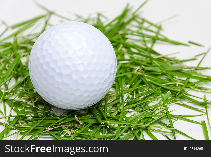 White golf ball on freash small leaf grass in white background. White golf ball on freash small leaf grass in white background
