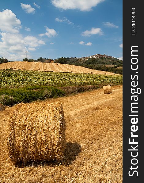 Tuscan countryside with bales of hay