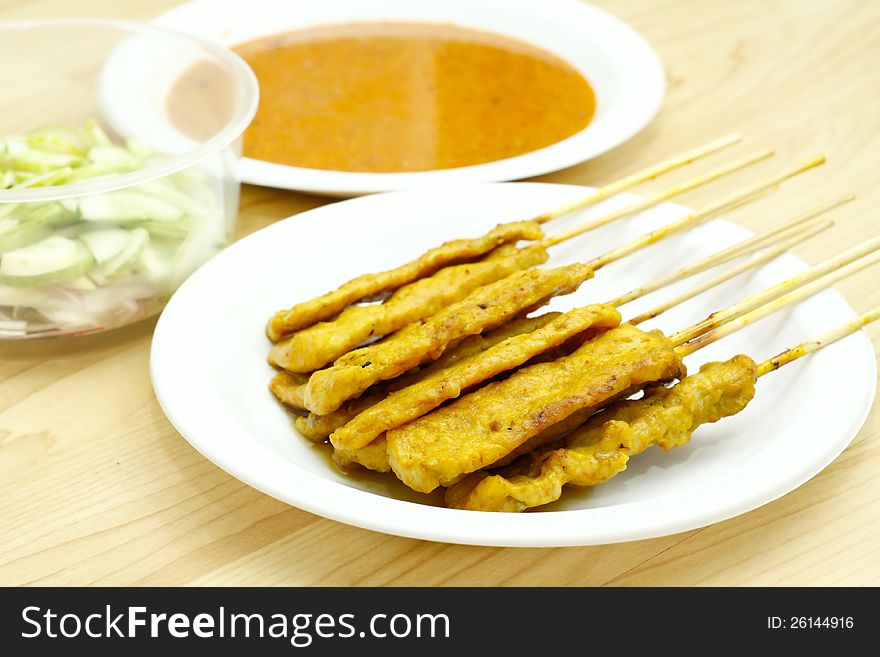 Grilled Pork Satay with Peanut Sauce and Vinegar,Thai food. Grilled Pork Satay with Peanut Sauce and Vinegar,Thai food
