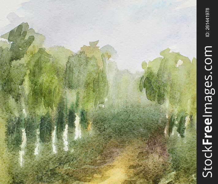 Abstract watercolor blurred landscape with a country road through a birch forest. Watercolor painting. Texture of watercolor paper