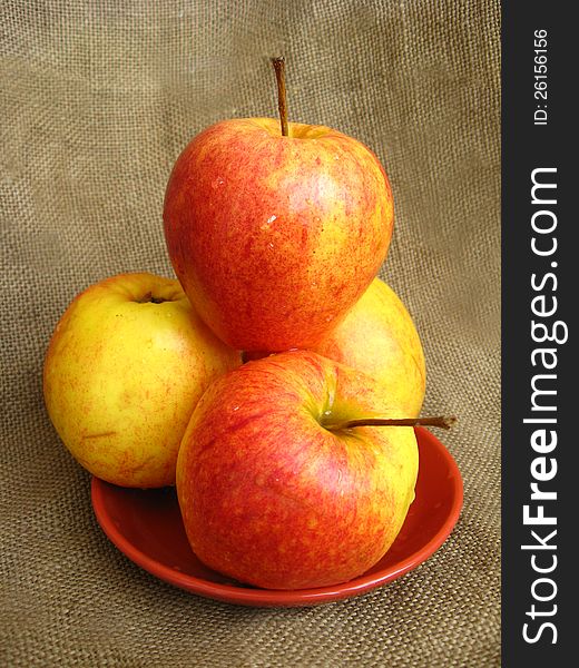 Four nice apples on the plate, on the brown background