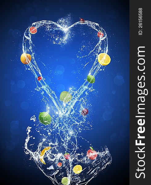 Fruit In Water Splash Blue Background