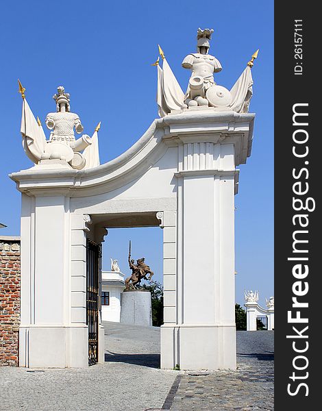 Gate detail of Bratislava castle. Situated on a plateau 85 metres (279 ft) above the Danube. First stone was setlled in the 10th century. Slovakia. Gate detail of Bratislava castle. Situated on a plateau 85 metres (279 ft) above the Danube. First stone was setlled in the 10th century. Slovakia