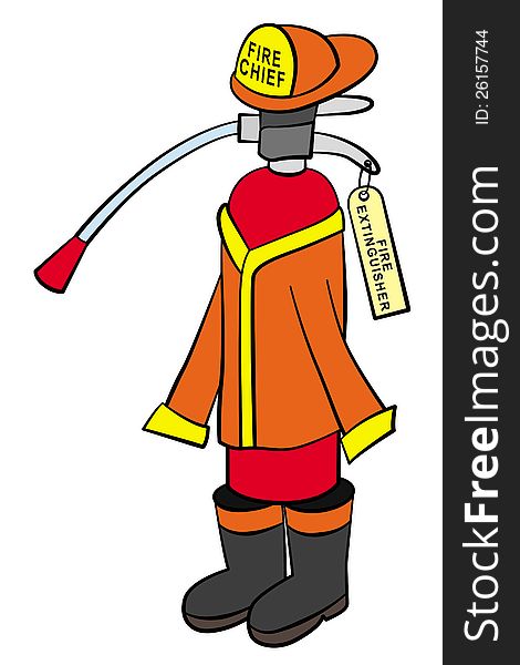 A fire extinguisher on a fireman's boots and having a fireman's coat and hat. A fire extinguisher on a fireman's boots and having a fireman's coat and hat