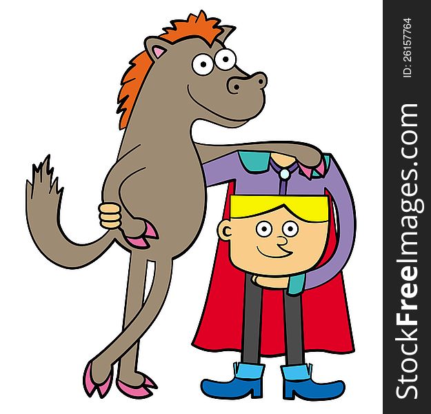 A humorous illustration of a headless man with a cape and his horse friend. A humorous illustration of a headless man with a cape and his horse friend