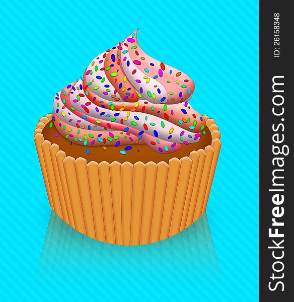 Illustration of pink fairy cake, cupcake with icing. Illustration of pink fairy cake, cupcake with icing.