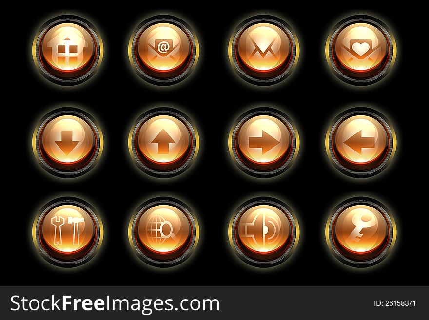 Glowing orange buttons set on black background.