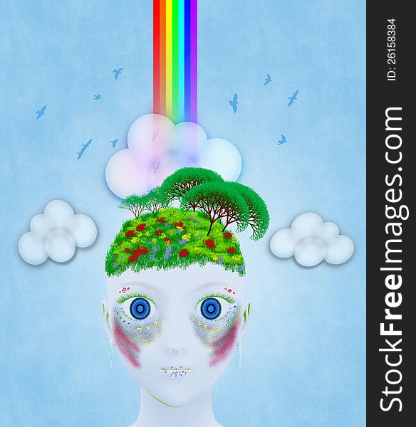 Abstract illustration of 3d girl with growth on head. Abstract illustration of 3d girl with growth on head.