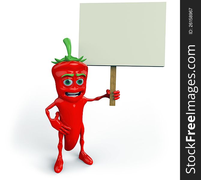 3d rendering of a red, cartoon chili pepper holding a blank sign. 3d rendering of a red, cartoon chili pepper holding a blank sign