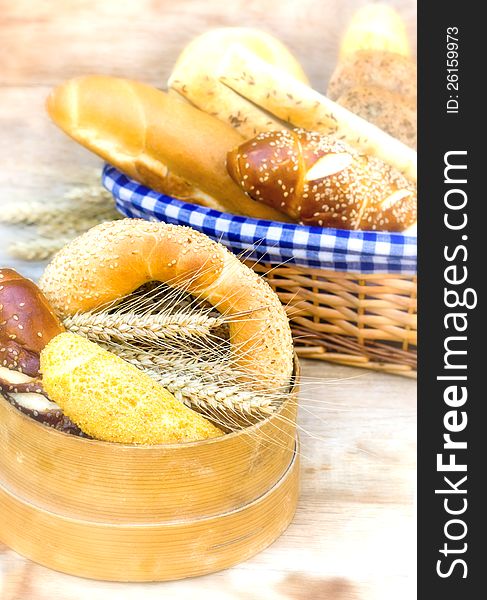 Full basket of fresh bread and pastry. Full basket of fresh bread and pastry