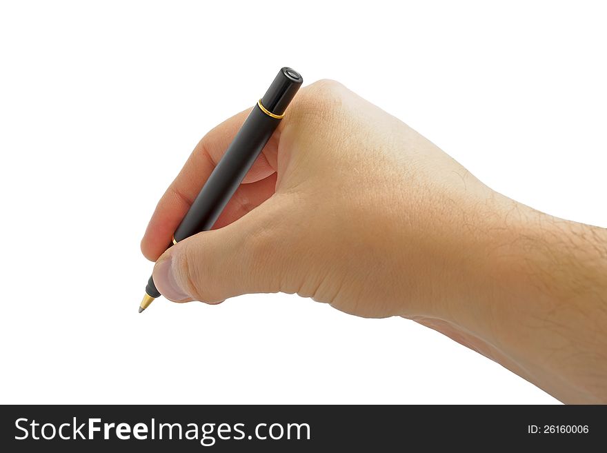 Hand With Pen Isolated on White Background