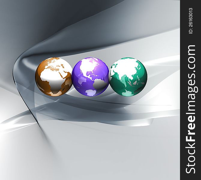 Three Earth globes in different colors showing Africa, Europe, the Americas and Asia, on silky abstract background. Three Earth globes in different colors showing Africa, Europe, the Americas and Asia, on silky abstract background