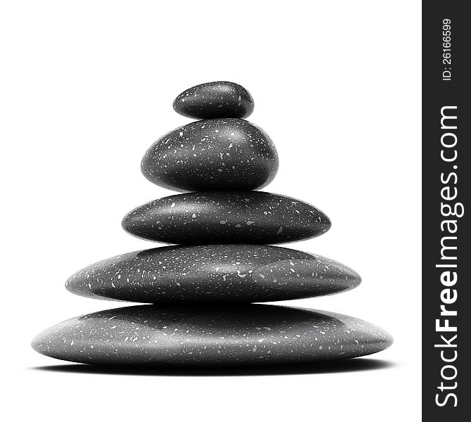 Stones pyramid with five black pebbles over white background. Stones pyramid with five black pebbles over white background