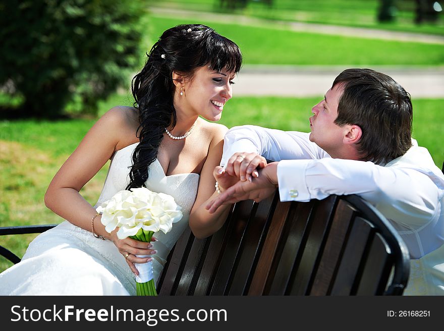 Bride And Groom On Wooden Bench