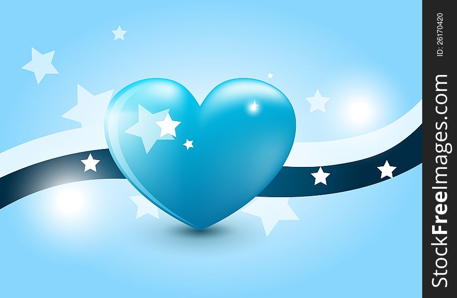 Heart illustration on a blue background with stars and ribbons near it