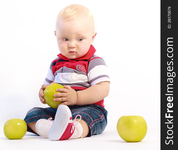 Little baby with three green apples. Little baby with three green apples