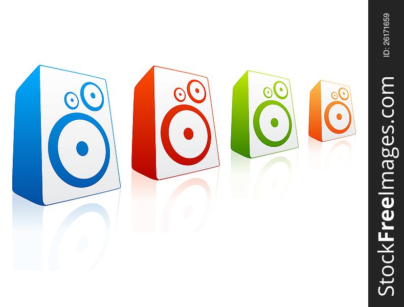 Collection of red, green, blue and orange loud speakers. Collection of red, green, blue and orange loud speakers