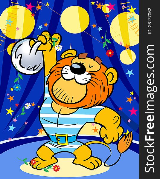 The illustration shows a powerful lion in the circus. He lifts weights. Illustration done on separate layers in a cartoon style. The illustration shows a powerful lion in the circus. He lifts weights. Illustration done on separate layers in a cartoon style.