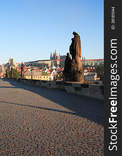 View of St. Vitus Cathedral from Charles Bridge at dawn, Prague,Czech Republic