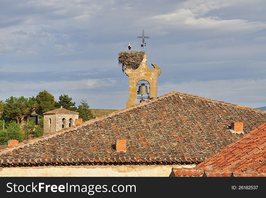 Stork nest on a bell tower. Sepulveda, Spain