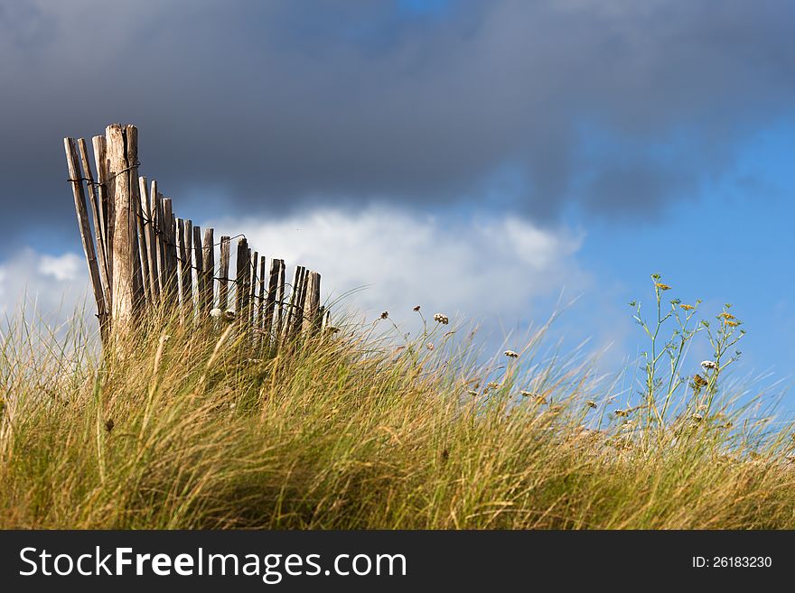 Wooden fence on the dunes with a vivid clouded sky