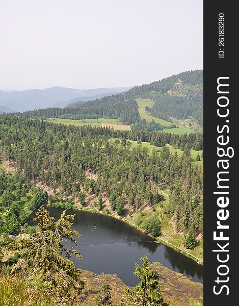 View from above on the Nonnenmattweiher in the Black Forest