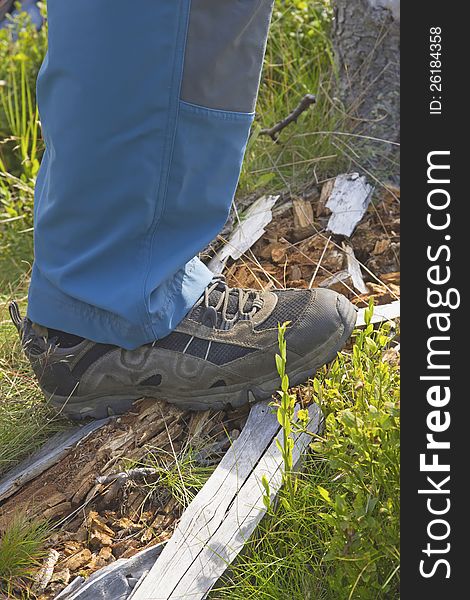 Detailed view of foot tourists, who has booted hiking shoes. Detailed view of foot tourists, who has booted hiking shoes.