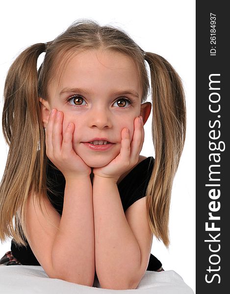 Little Girl with hands on her chicks on a white background