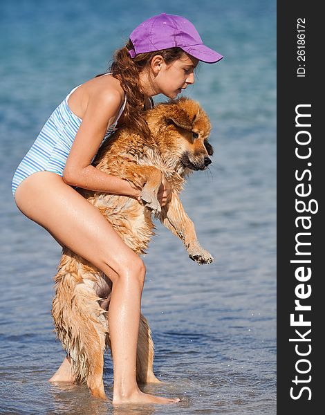Cute young girl carries her Elo (German dog breed) puppy, which is full of sand, in the water of the sea. Cute young girl carries her Elo (German dog breed) puppy, which is full of sand, in the water of the sea