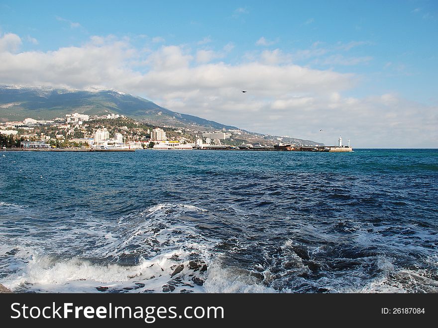 Sunny day ashore the Black sea Crimea coast of the sea