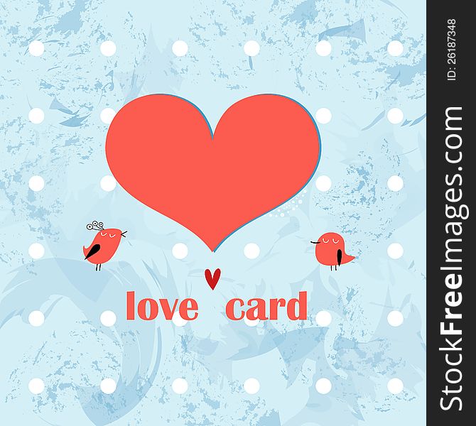 Colorful greeting card with a red heart and the birds on a blue background textural. Colorful greeting card with a red heart and the birds on a blue background textural