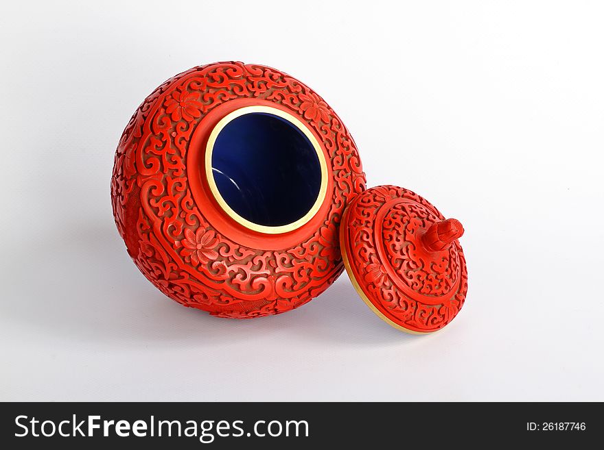 Hand Carved Red And Brass Cinnabar Lidded Vase. Hand Carved Red And Brass Cinnabar Lidded Vase