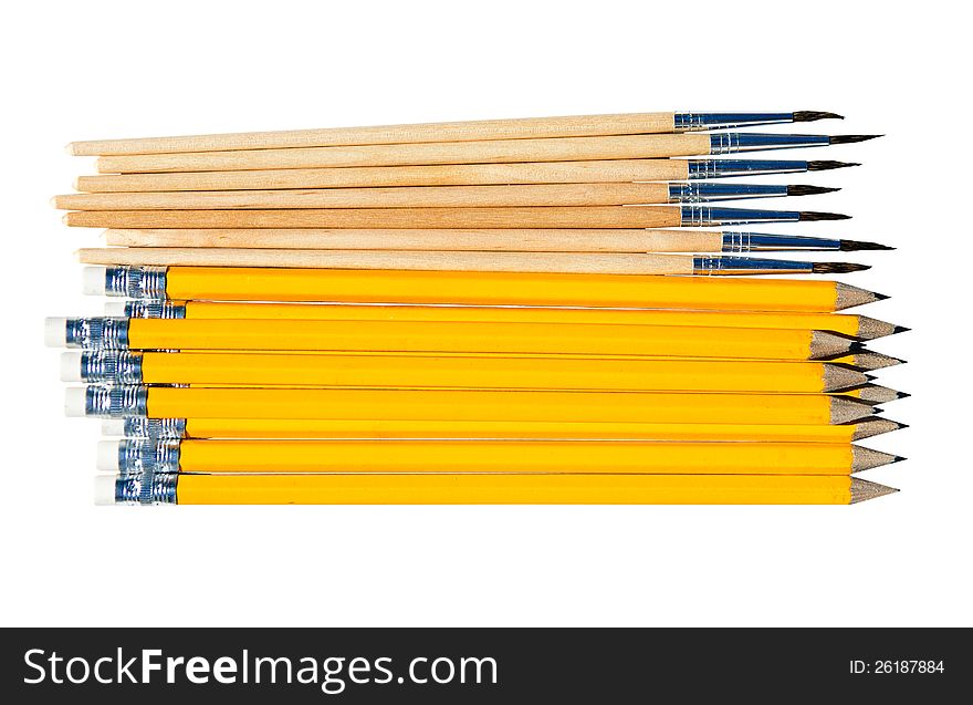 Pencils and brushes isolated on white background