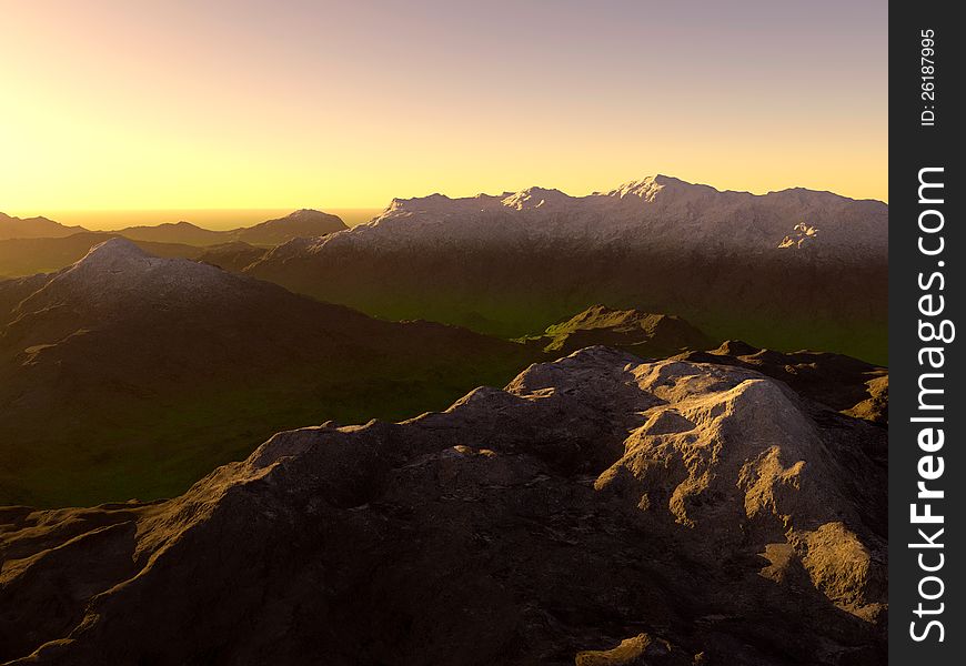 A digitally rendered illustration of a mountain vista in the light of an early morning sunrise with an ocean barely visible in the background. A digitally rendered illustration of a mountain vista in the light of an early morning sunrise with an ocean barely visible in the background.