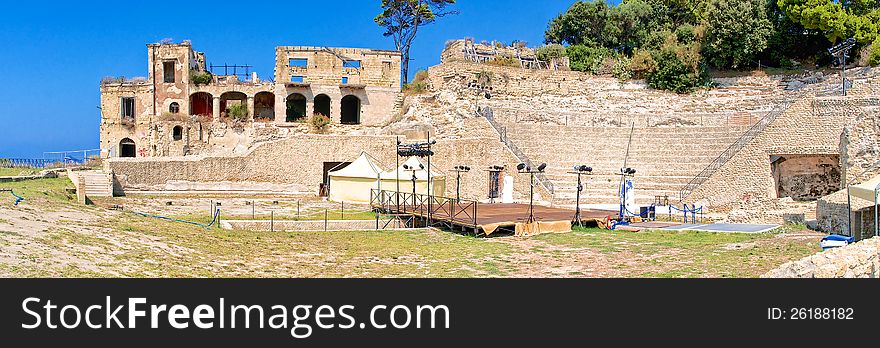 View of the ancient roman theatre in Pausylipon archeologic park in Naples, Italy