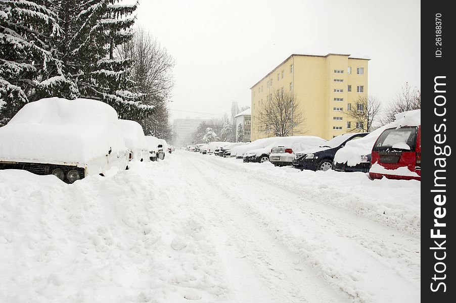 A hard winter with a lot of snow and temperature below zero