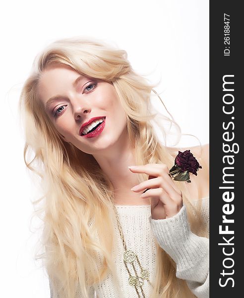 Attractive caucasian smiling woman blonde isolated on white with flower - red rose. Attractive caucasian smiling woman blonde isolated on white with flower - red rose