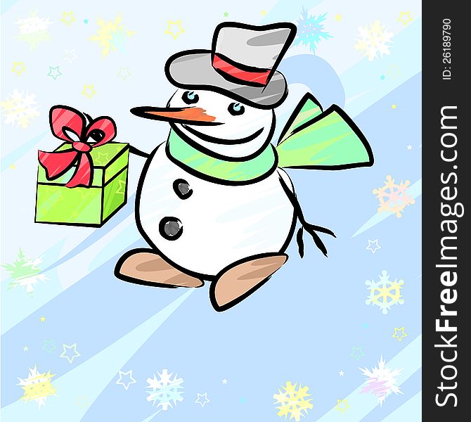 Christmas card with snowflakes and cartoon snowman with gift