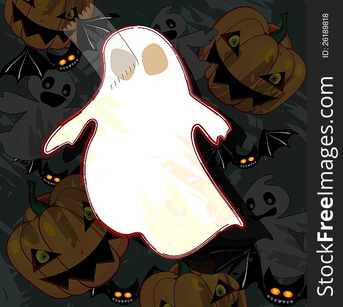 White paper ghost connected with adhesive tape to Halloween wallpaper. White paper ghost connected with adhesive tape to Halloween wallpaper