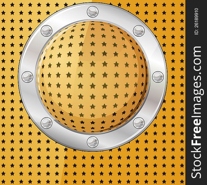 Gold ball or button on perforated surface with metal frame. Gold ball or button on perforated surface with metal frame