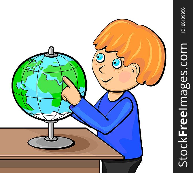 Little ginger boy touching globe with finger. Little ginger boy touching globe with finger