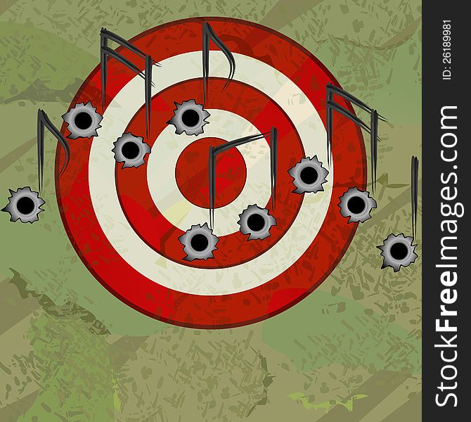 Red target with bullet holes as musical notes. Red target with bullet holes as musical notes