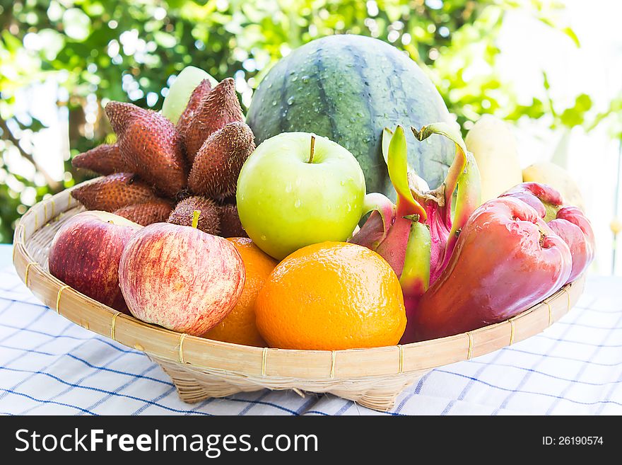 Basket Of Thai Tropical Mix Fruits. Basket Of Thai Tropical Mix Fruits