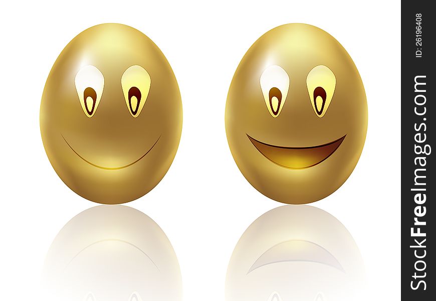Illustration of two happy golden eggs on white background.