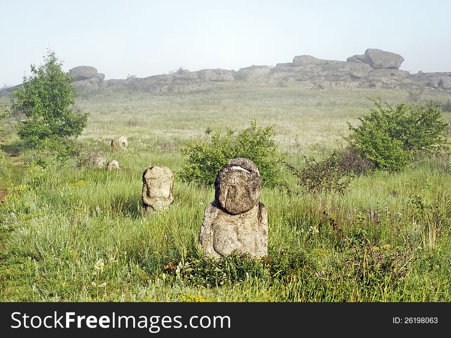 Stone idol in the steppe. National Park Stone Tombs . Donetsk. Ukraine