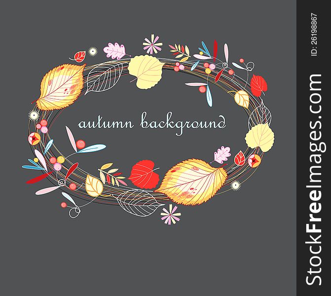 A bright background with autumn leaves and berries in the dark. A bright background with autumn leaves and berries in the dark